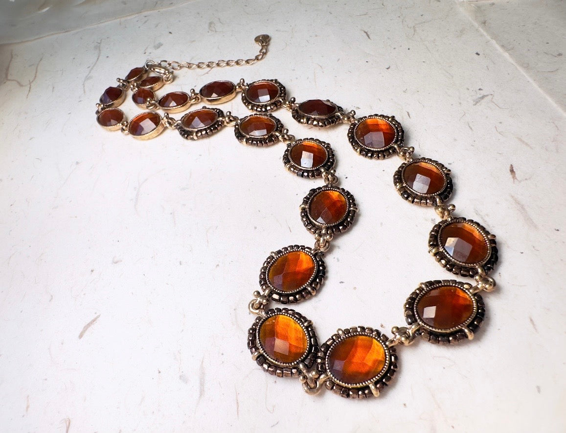 Vintage Amber Necklace with Beaded Bronze Border, Liz Claiborne 80s Designer Vintage Jewelry