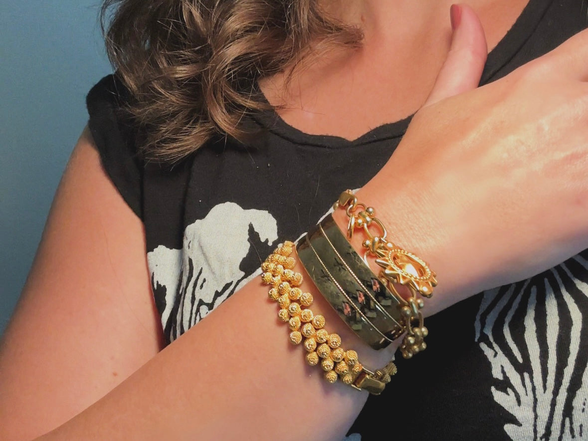 Vintage Anne Klein Bracelet, Matte Gold Link Charm Bracelet with Celestial Sun Pendant and Coin, Etruscan Chunky Gold Chain Bracelet