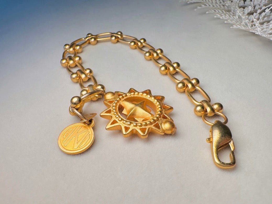 Vintage Anne Klein Bracelet, Matte Gold Link Charm Bracelet with Celestial Sun Pendant and Coin, Etruscan Chunky Gold Chain Bracelet