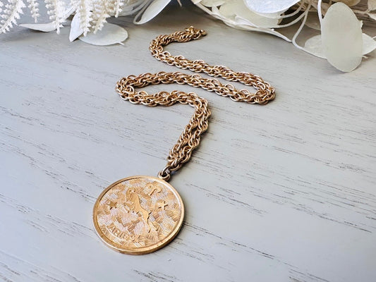 Vintage Aries Zodiac Necklace, Star Sign Astrology Necklace, Unique Birthday Necklace, 20" Long Gold Coin Aries Astrology Pendant Necklace from Piggle and Pop