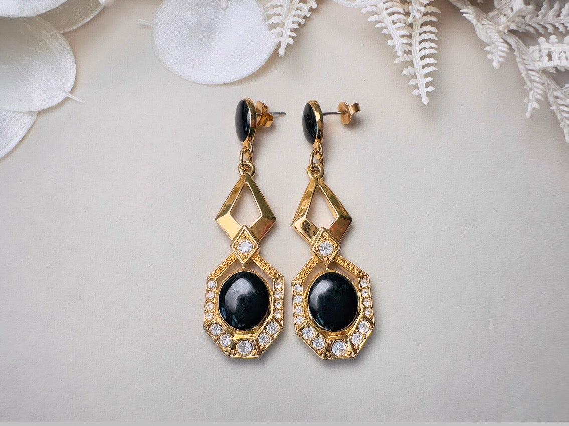 Vintage Art Deco Drop Earrings, Elegant Black and Gold Dangle Earrings with Diamond Rhinestones and Surgical Steel Posts