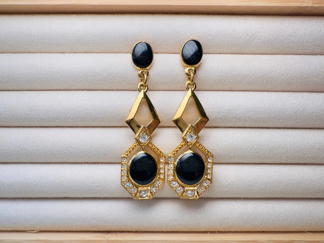 Vintage Art Deco Drop Earrings, Elegant Black and Gold Dangle Earrings with Diamond Rhinestones and Surgical Steel Posts