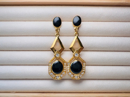 Vintage Art Deco Drop Earrings, Elegant Black and Gold Dangle Earrings with Diamond Rhinestones and Surgical Steel Posts