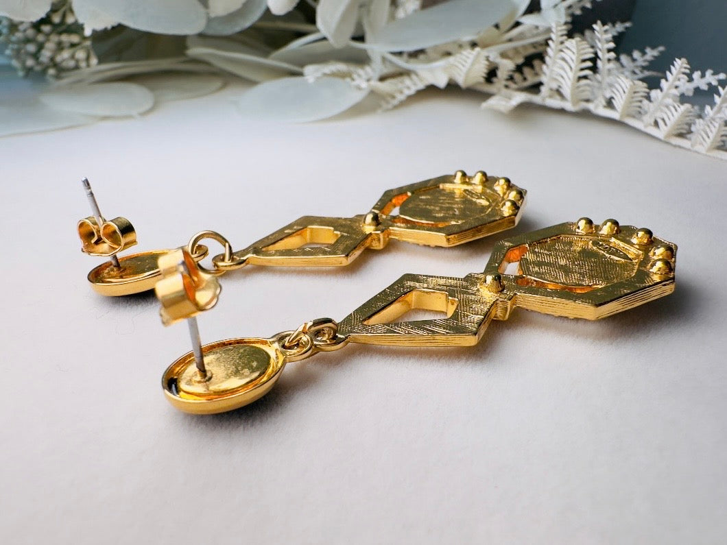 Vintage Art Deco Drop Earrings, Elegant Black and Gold Dangle Earrings with Diamond Rhinestones and Surgical Steel Posts
