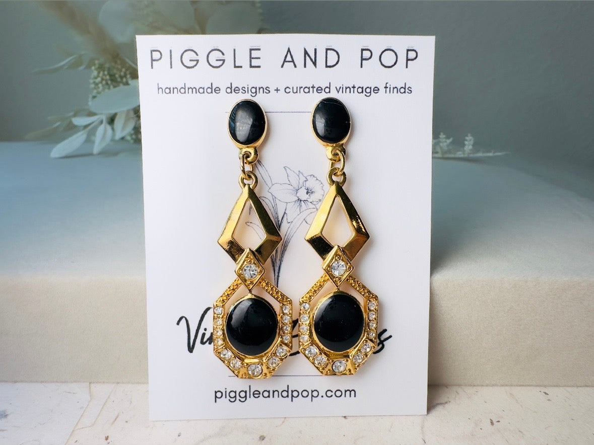 Vintage Art Deco Drop Earrings, Elegant Black and Gold Dangle Earrings with Diamond Rhinestones and Surgical Steel Posts