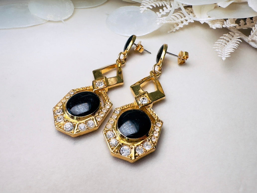 Vintage Art Deco Drop Earrings, Elegant Black and Gold Dangle Earrings with Diamond Rhinestones and Surgical Steel Posts
