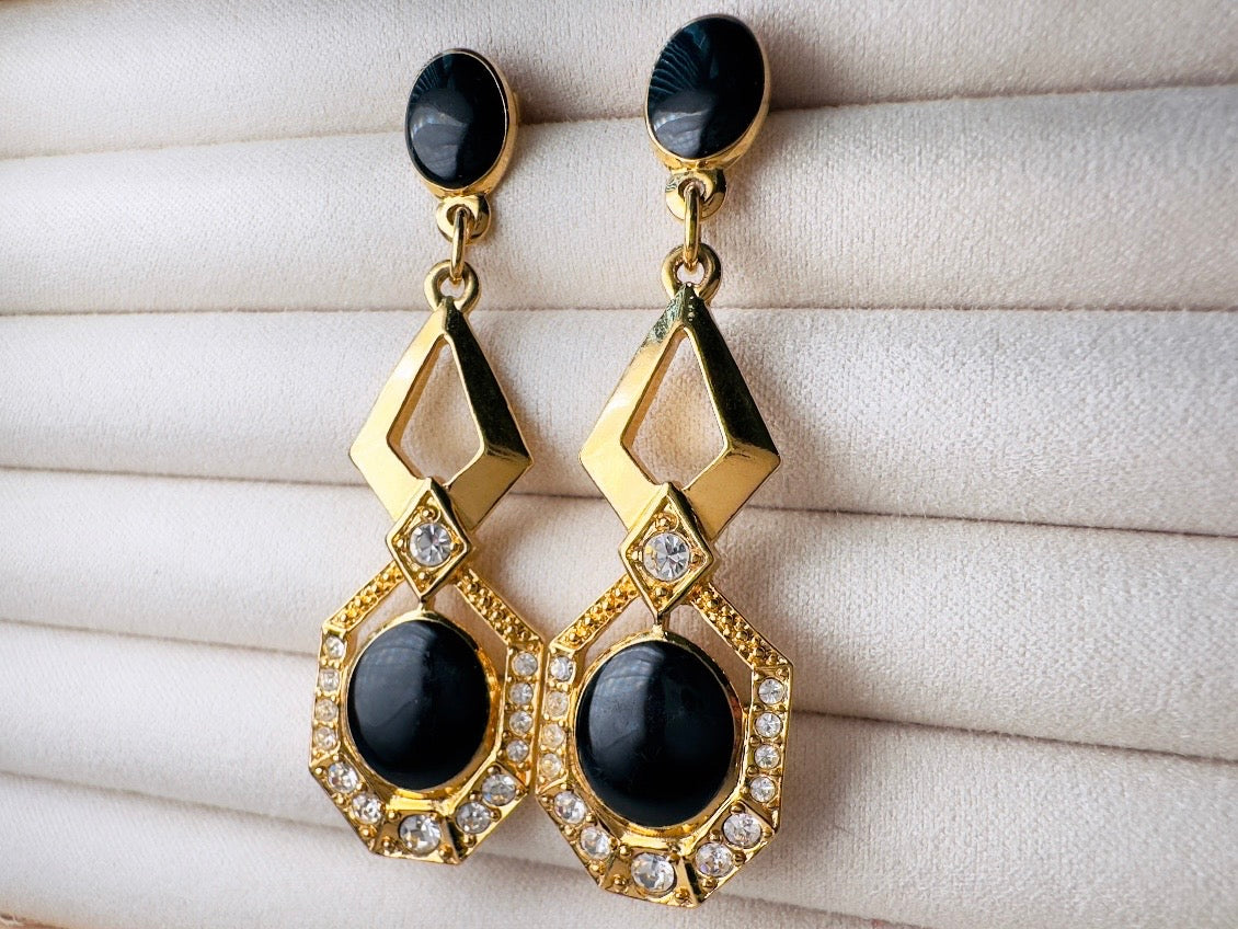 Vintage Art Deco Drop Earrings, Elegant Black and Gold Dangle Earrings with Diamond Rhinestones and Surgical Steel Posts