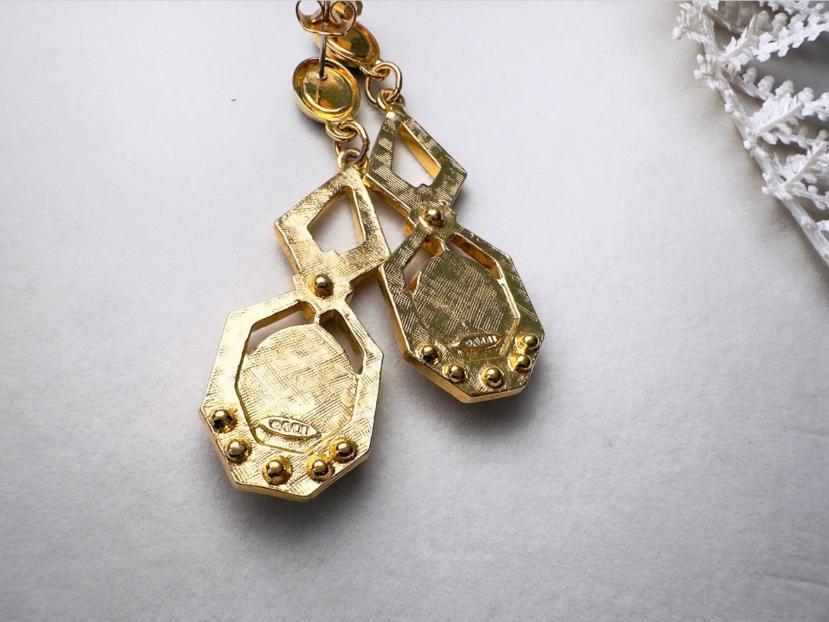 Vintage Art Deco Drop Earrings, Elegant Black and Gold Dangle Earrings with Diamond Rhinestones and Surgical Steel Posts