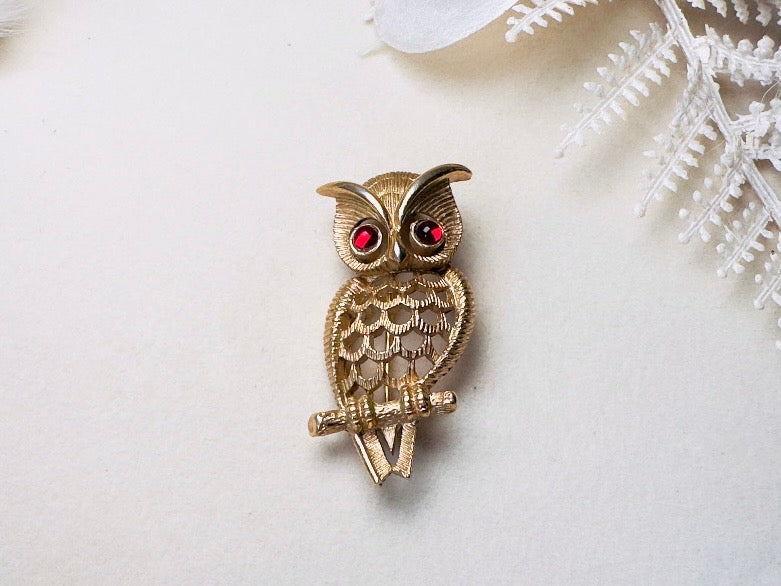 Vintage Avon Owl Brooch, 1970s Gold Open Work Pin with Red Crystal Eyes