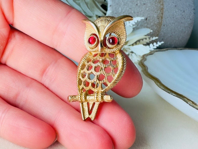 Vintage Avon Owl Brooch, 1970s Gold Open Work Pin with Red Crystal Eyes