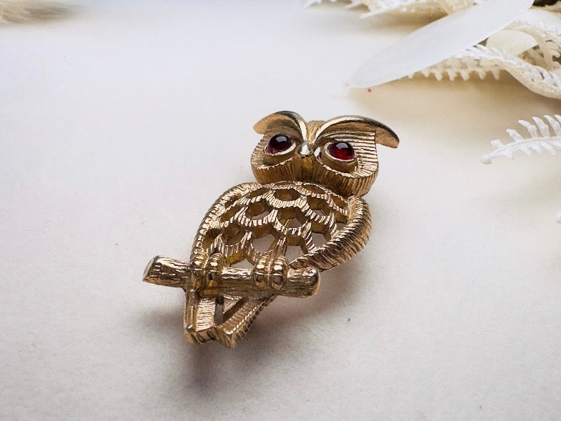 Vintage Avon Owl Brooch, 1970s Gold Open Work Pin with Red Crystal Eyes