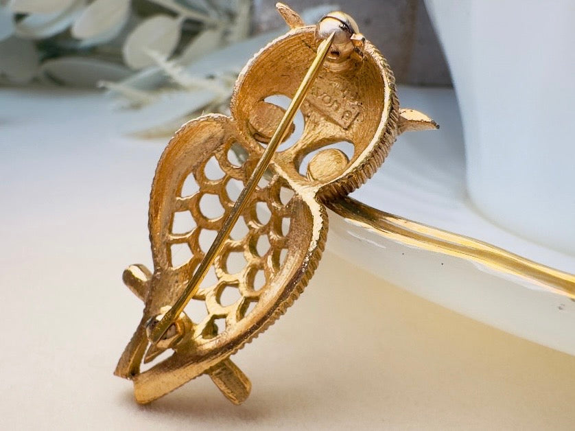 Vintage Avon Owl Brooch, 1970s Gold Open Work Pin with Red Crystal Eyes