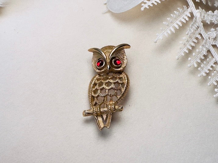 Vintage Avon Owl Brooch, 1970s Gold Open Work Pin with Red Crystal Eyes