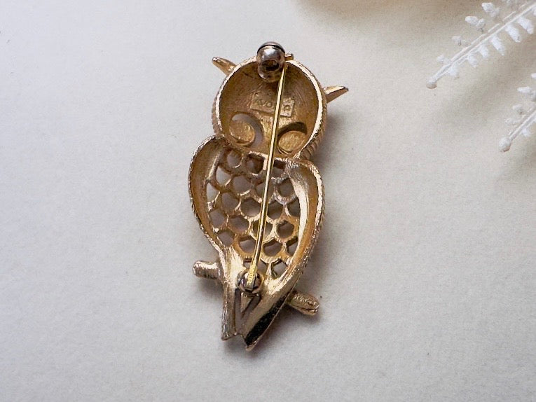 Vintage Avon Owl Brooch, 1970s Gold Open Work Pin with Red Crystal Eyes