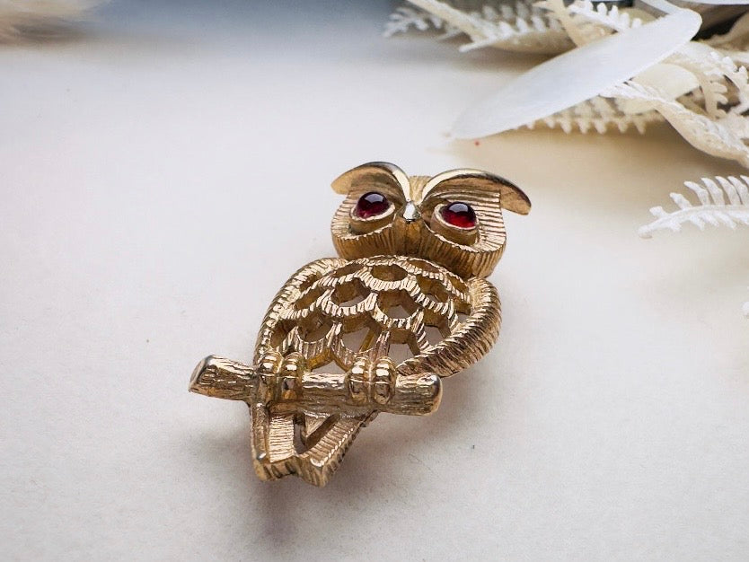 Vintage Avon Owl Brooch, 1970s Gold Open Work Pin with Red Crystal Eyes