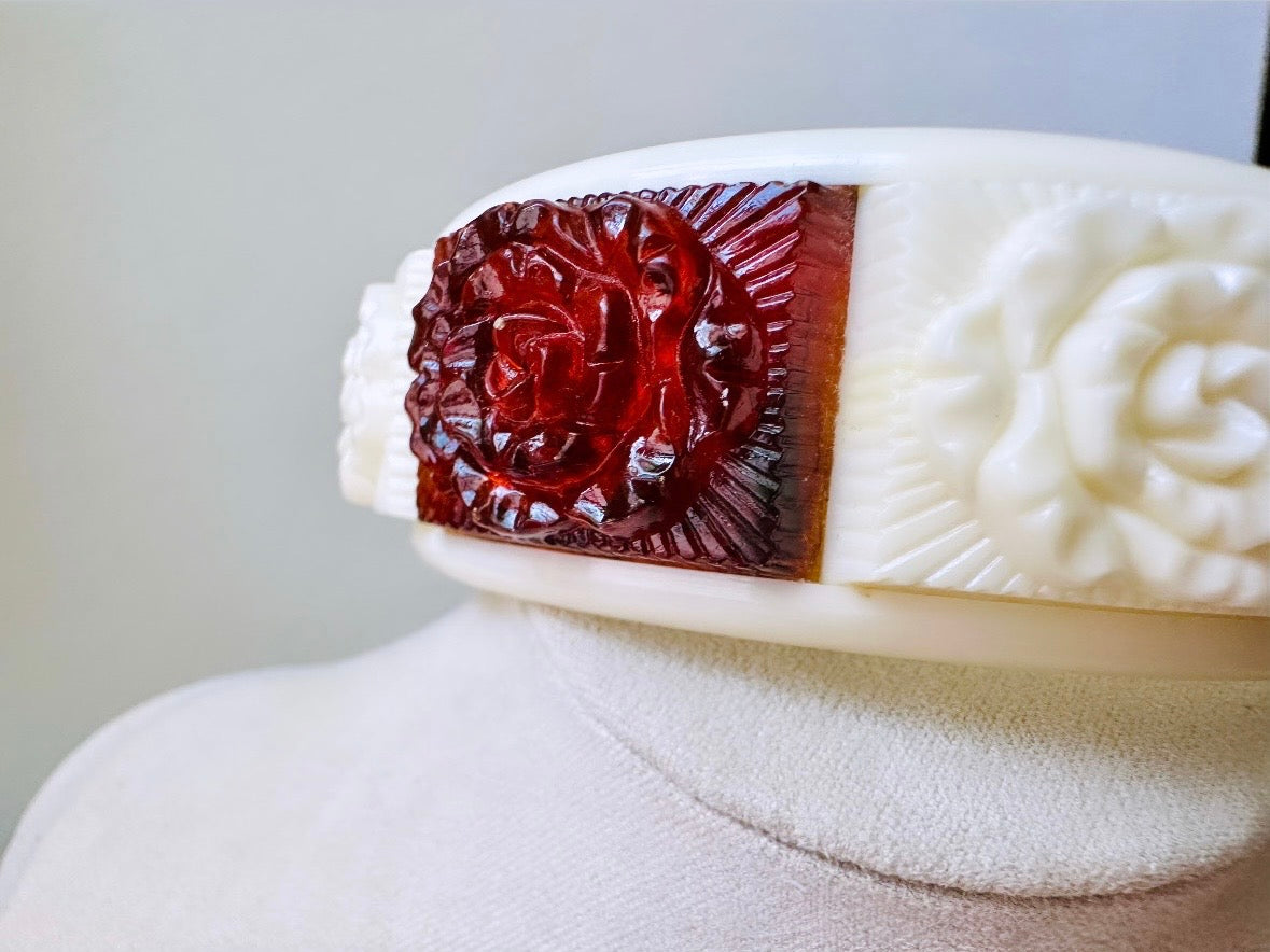Vintage Bangle Bracelet, 1970s Carved Rose Lucite Bracelet in Cream and Amber 1973