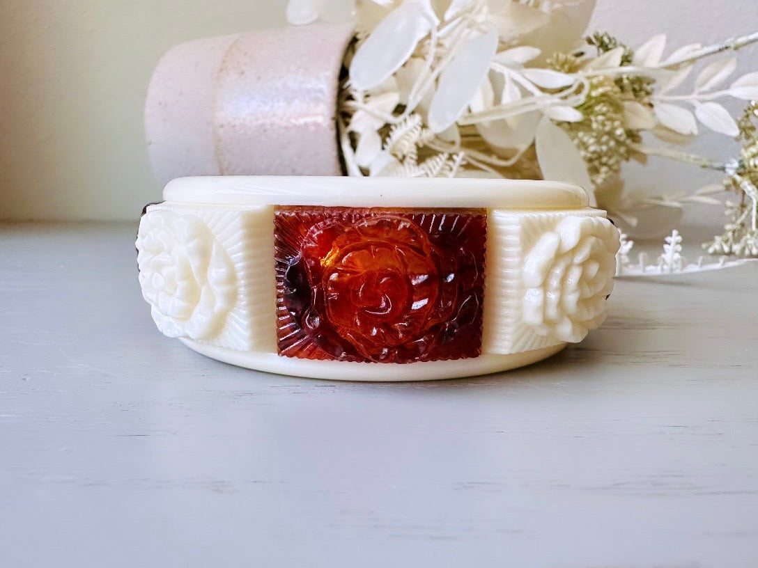 Vintage Bangle Bracelet, 1973 Carved Rose Lucite Bracelet in Cream and Glowing Amber 