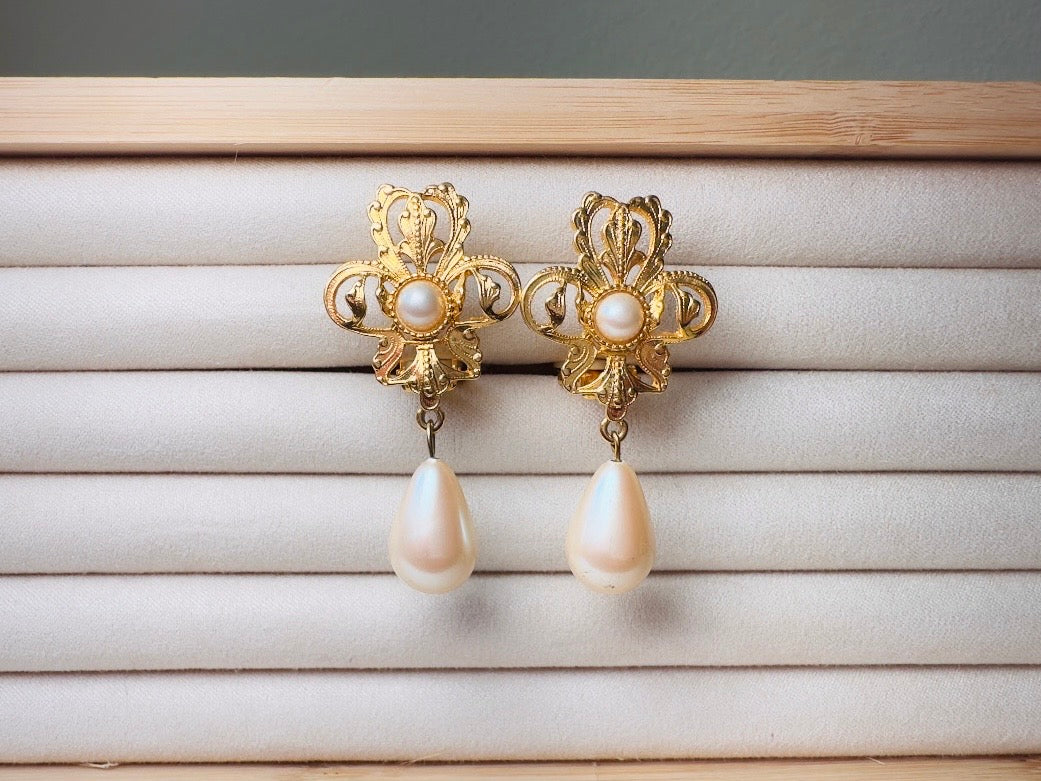 Vintage Baroque Pearl Earrings by Napier, Elegant Matte Gold Drop Earrings with Cream Teardrop Faux Pearl