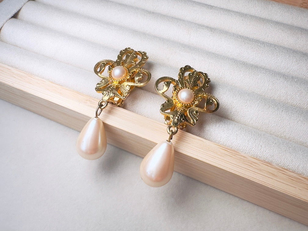Vintage Baroque Pearl Earrings by Napier, Elegant Matte Gold Drop Earrings with Cream Teardrop Faux Pearl