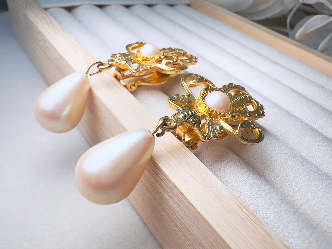 Vintage Baroque Pearl Earrings by Napier, Elegant Matte Gold Drop Earrings with Cream Teardrop Faux Pearl