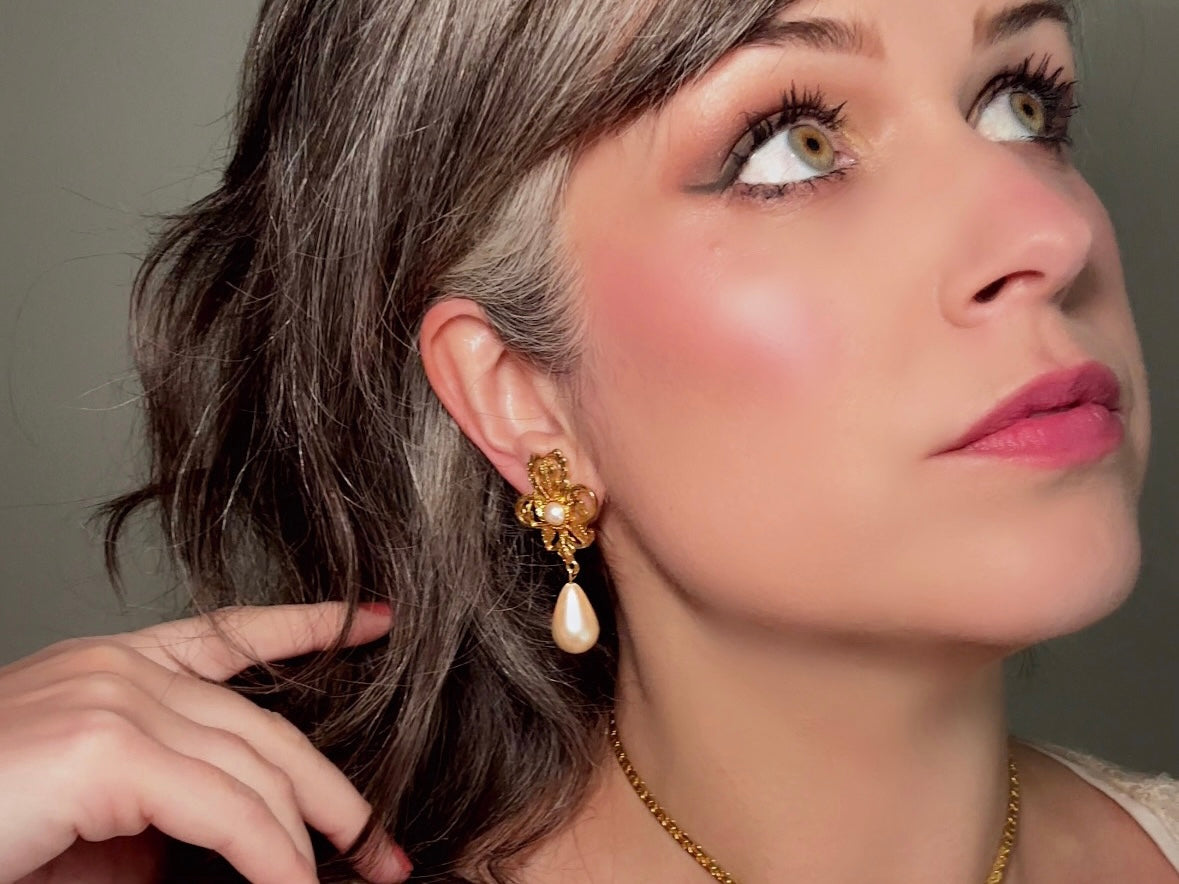 Vintage Baroque Pearl Earrings by Napier, Elegant Matte Gold Drop Earrings with Cream Teardrop Faux Pearl