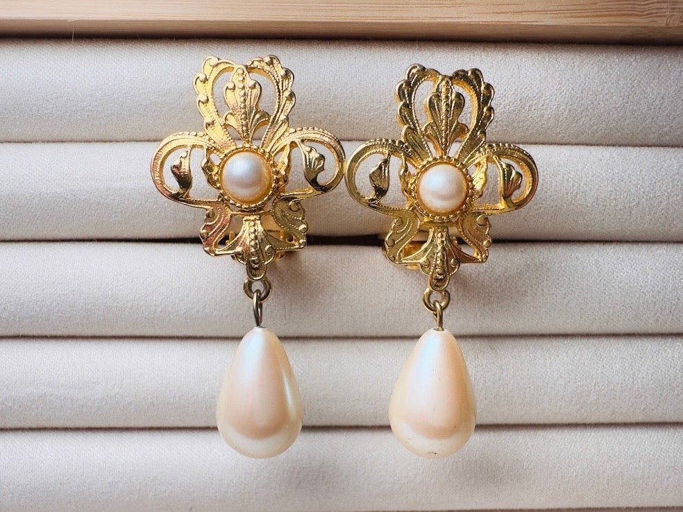 Vintage Baroque Pearl Earrings by Napier, Elegant Matte Gold Drop Earrings with Cream Teardrop Faux Pearl