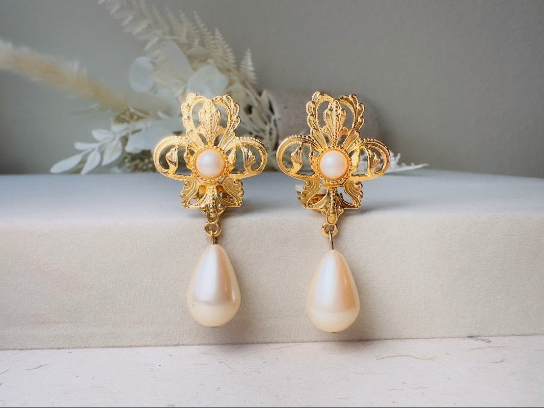 Vintage Baroque Pearl Earrings by Napier, Elegant Matte Gold Drop Earrings with Cream Teardrop Faux Pearl