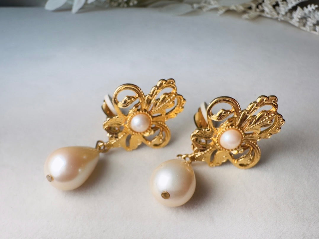 Vintage Baroque Pearl Earrings by Napier, Elegant Matte Gold Drop Earrings with Cream Teardrop Faux Pearl