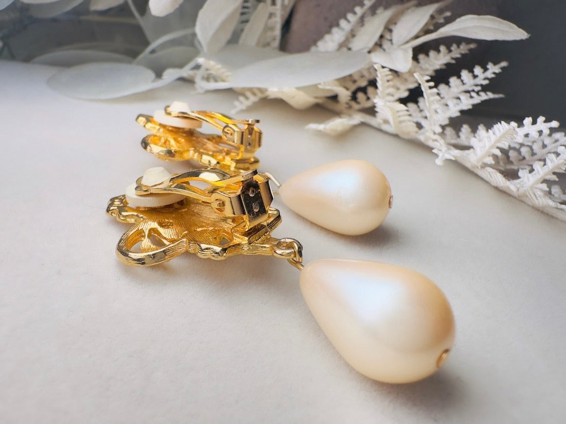 Vintage Baroque Pearl Earrings by Napier, Elegant Matte Gold Drop Earrings with Cream Teardrop Faux Pearl