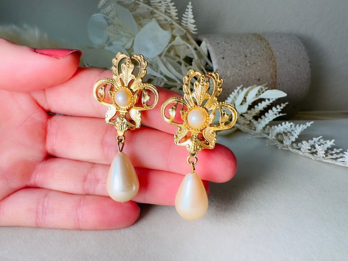 Vintage Baroque Pearl Earrings by Napier, Elegant Matte Gold Drop Earrings with Cream Teardrop Faux Pearl