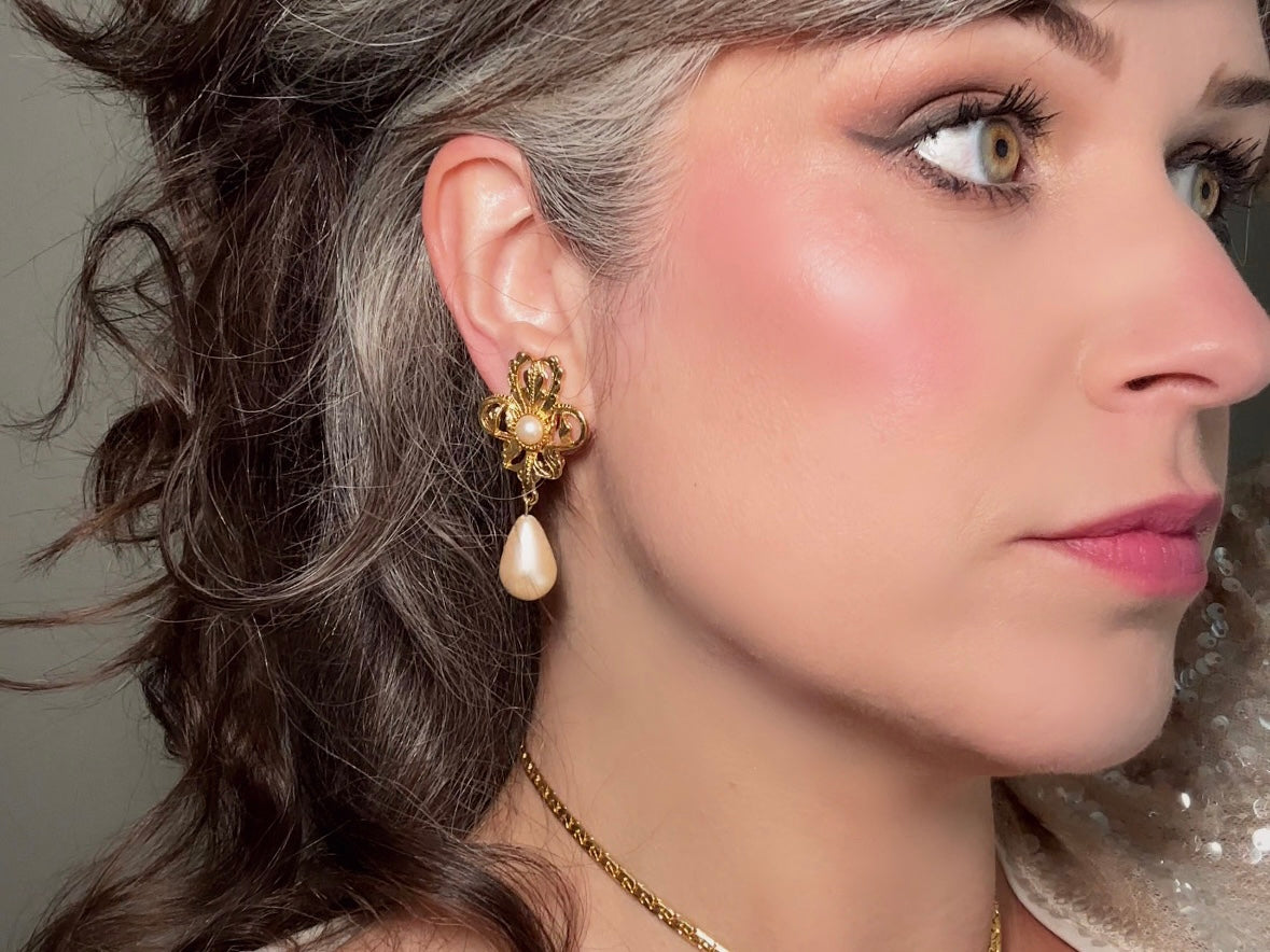 Vintage Baroque Pearl Earrings by Napier, Elegant Matte Gold Drop Earrings with Cream Teardrop Faux Pearl