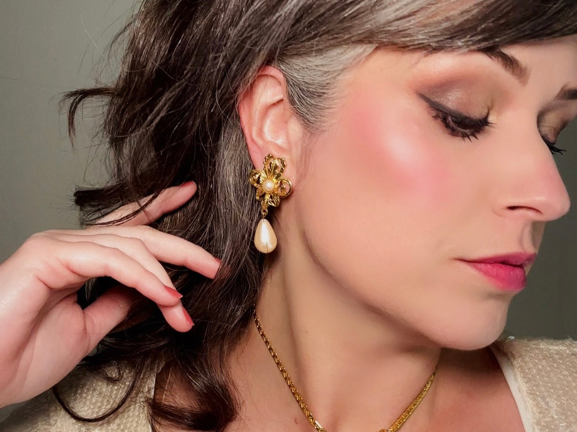 Vintage Baroque Pearl Earrings by Napier, Elegant Matte Gold Drop Earrings with Cream Teardrop Faux Pearl