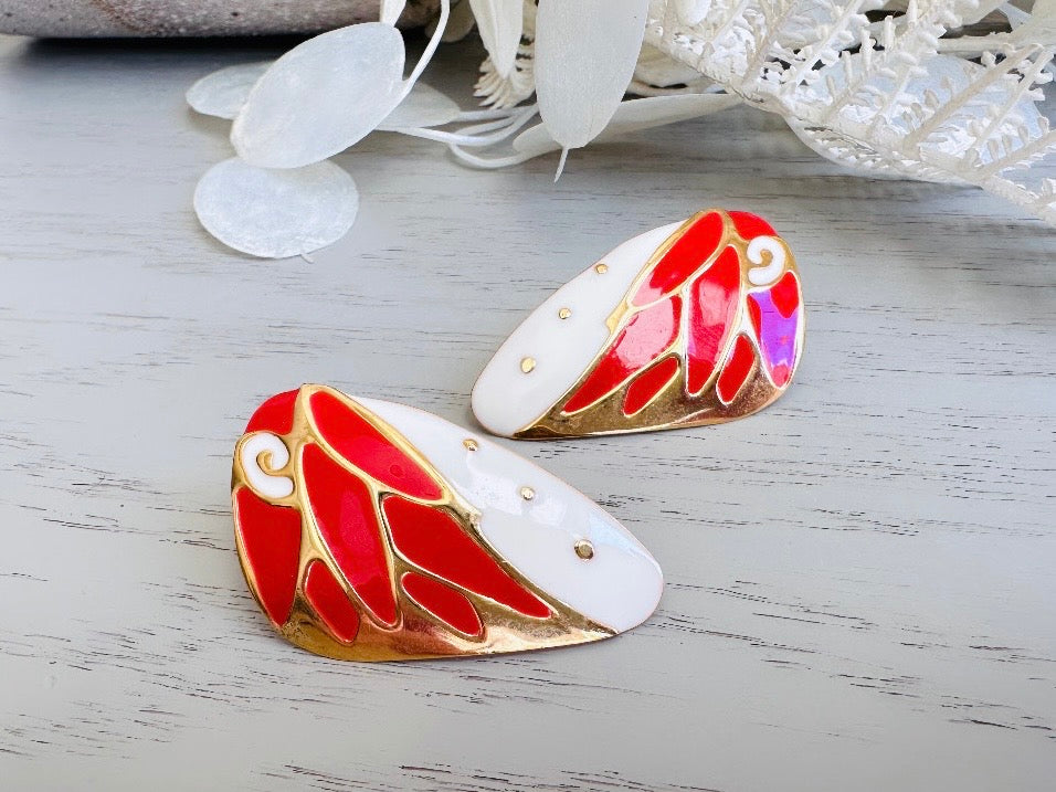 Vintage Berebi Butterfly Wing Pierced Earrings, Red and White Enamel with Gold Accents 