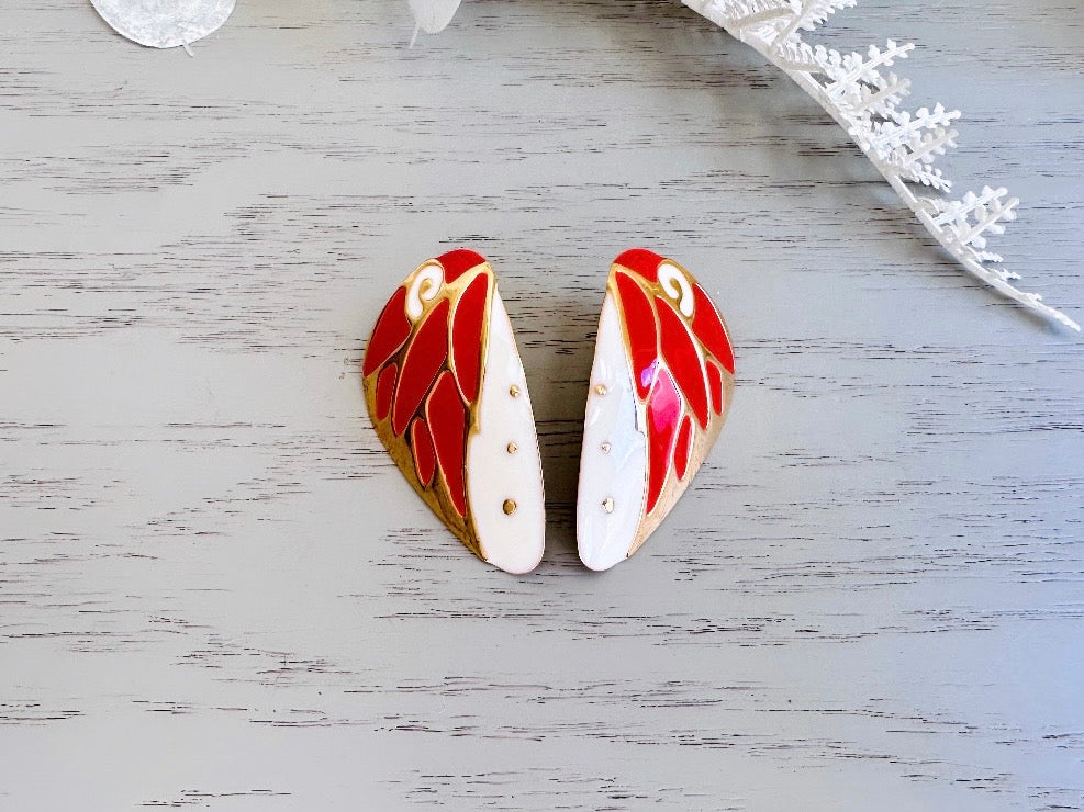 Vintage Berebi Butterfly Wing Pierced Earrings, Red and White Enamel with Gold Accents  from Piggle and pop