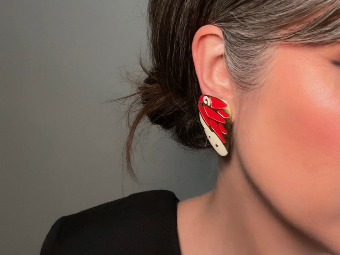 Vintage Berebi Butterfly Wing Earrings, Red and White Enamel with Gold Accents 1980s Pierced Post Earrings from Piggle and pop modelled by bethan jayne