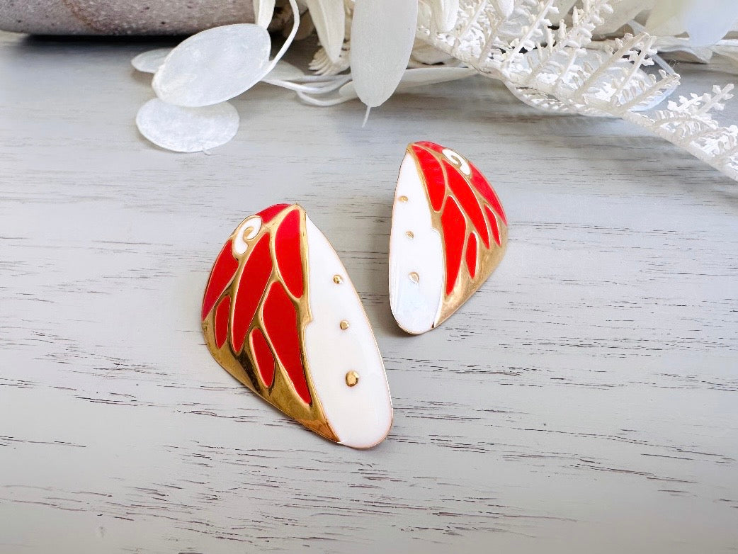Vintage Berebi Butterfly Wing Earrings, Red and White Enamel with Gold Accents 1980s Pierced Post Earrings from Piggle and pop