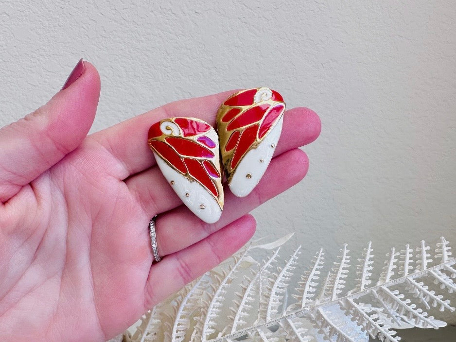 Vintage Berebi Butterfly Wing Earrings, Red and White Enamel with Gold Accents 1980s Pierced Post Earrings from Piggle and pop