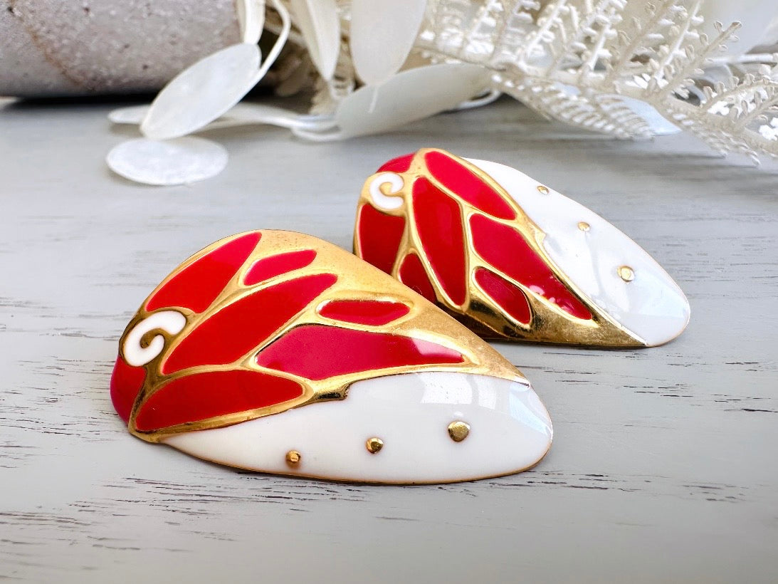 Vintage Berebi Butterfly Wing Earrings, Red and White Enamel with Gold Accents 1980s Pierced Post Earrings from Piggle and pop