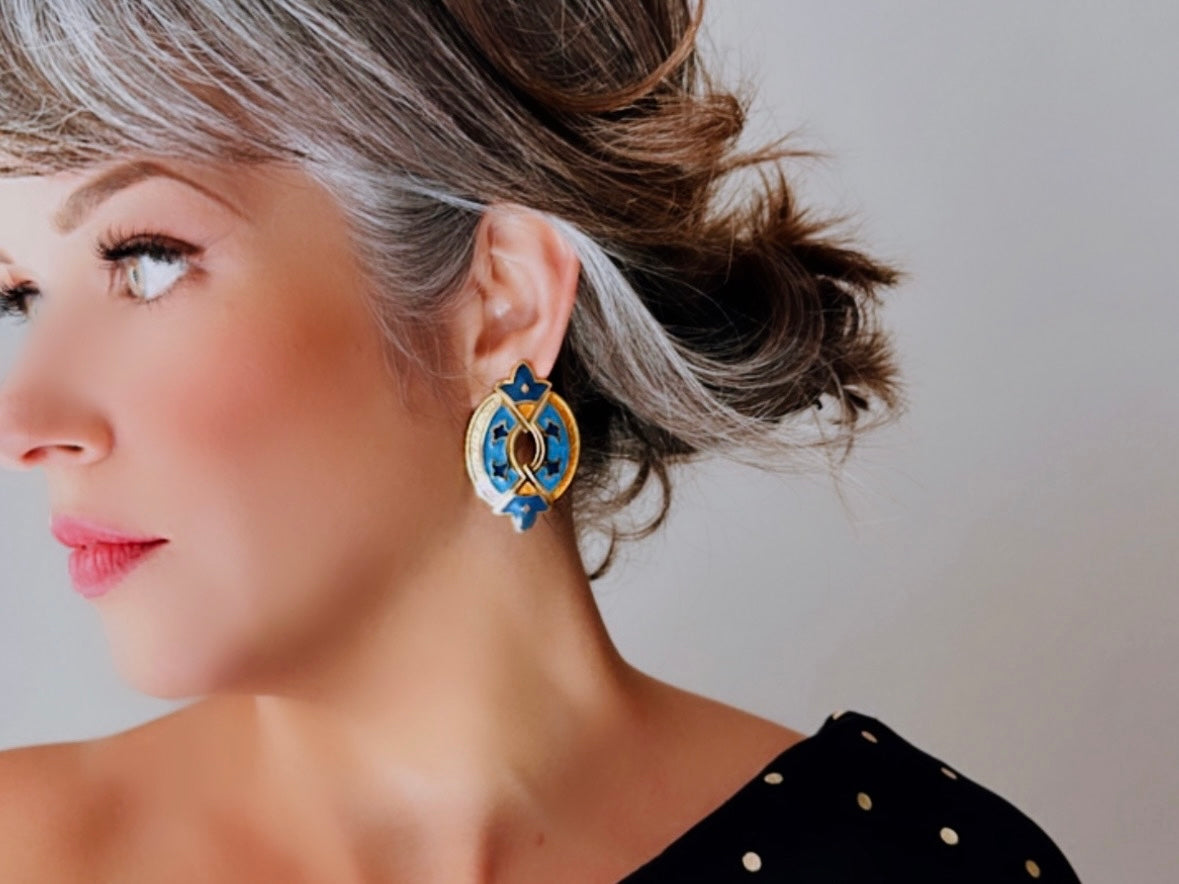 Vintage Berebi Earrings, Blue and Gold Etruscan Enamel Pierced Earrings modelled by bethan jayne 
