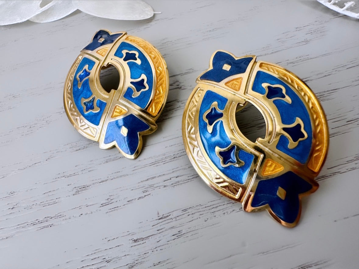 close up Vintage Berebi Earrings, Blue and Gold Etruscan Enamel Pierced Earrings