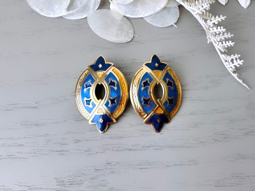 top view Vintage Berebi Earrings, Blue and Gold Etruscan Enamel Pierced Earrings
