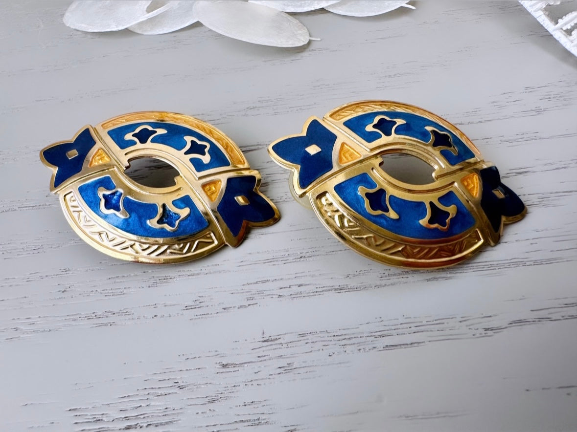 close up view Vintage Berebi Earrings, Blue and Gold Etruscan Enamel Pierced Earrings