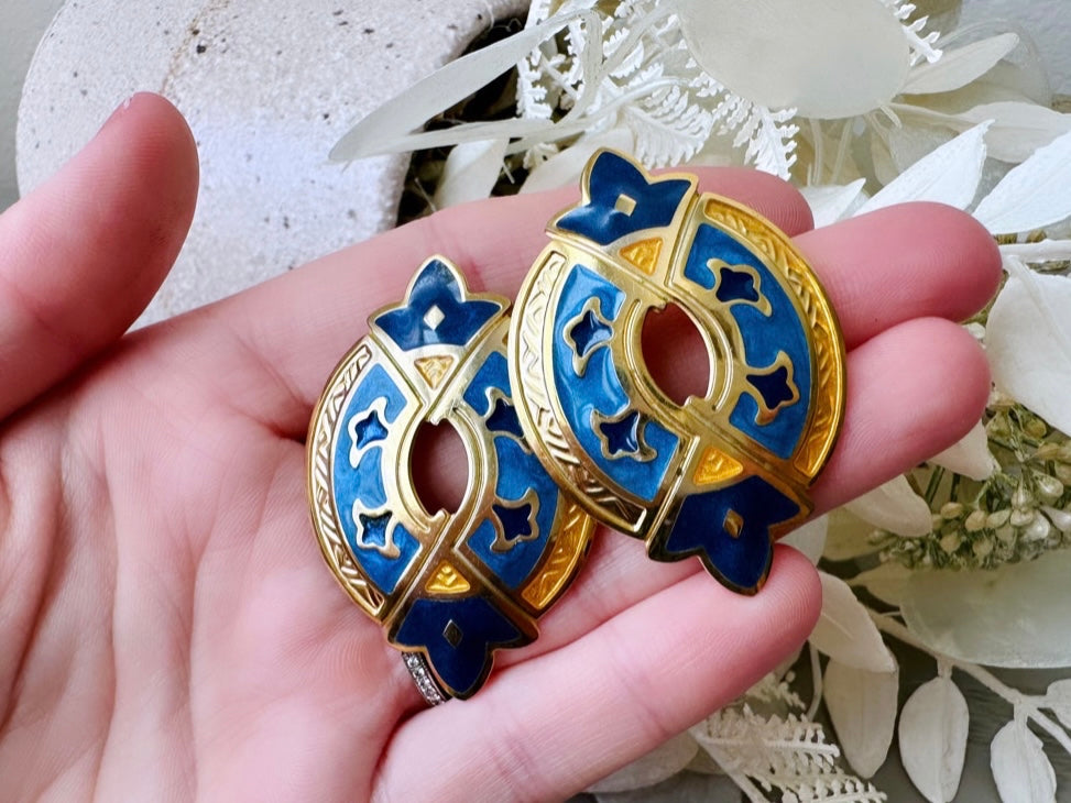 held in hand Vintage Berebi Earrings, Blue and Gold Etruscan Enamel Pierced Earrings