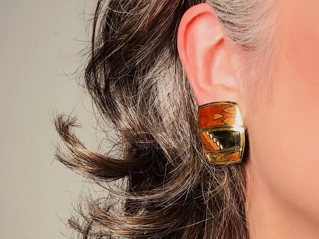 Vintage Berebi Earrings, Square Gold and Copper Enamel Earrings with Southwestern Accents, 80s Geometric Earrings