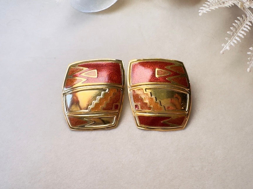 Vintage Berebi Earrings, Square Gold and Copper Enamel Earrings with Southwestern Accents, 80s Geometric Earrings