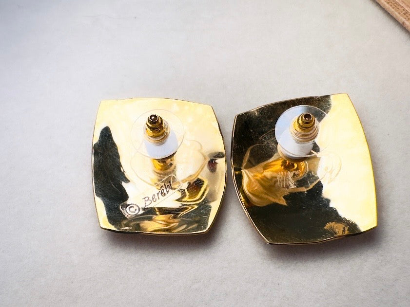 Vintage Berebi Earrings, Square Gold and Copper Enamel Earrings with Southwestern Accents, 80s Geometric Earrings