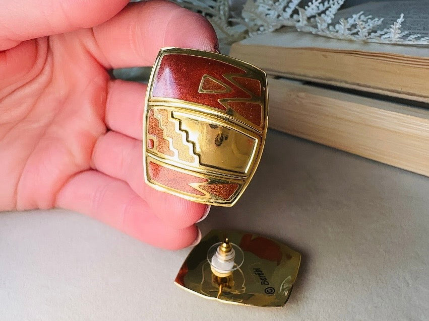 Vintage Berebi Earrings, Square Gold and Copper Enamel Earrings with Southwestern Accents, 80s Geometric Earrings