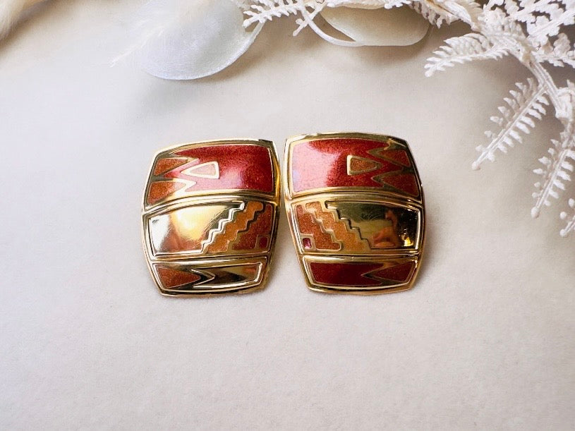 Vintage Berebi Earrings, Square Gold and Copper Enamel Earrings with Southwestern Accents, 80s Geometric Earrings