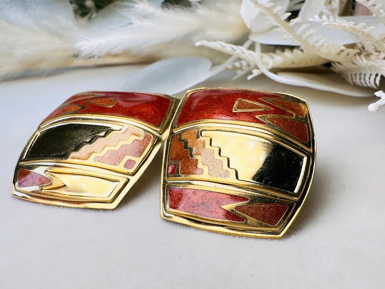 Vintage Berebi Earrings, Square Gold and Copper Enamel Earrings with Southwestern Accents, 80s Geometric Earrings
