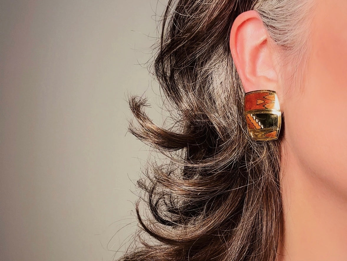 Vintage Berebi Earrings, Square Gold and Copper Enamel Earrings with Southwestern Accents, 80s Geometric Earrings